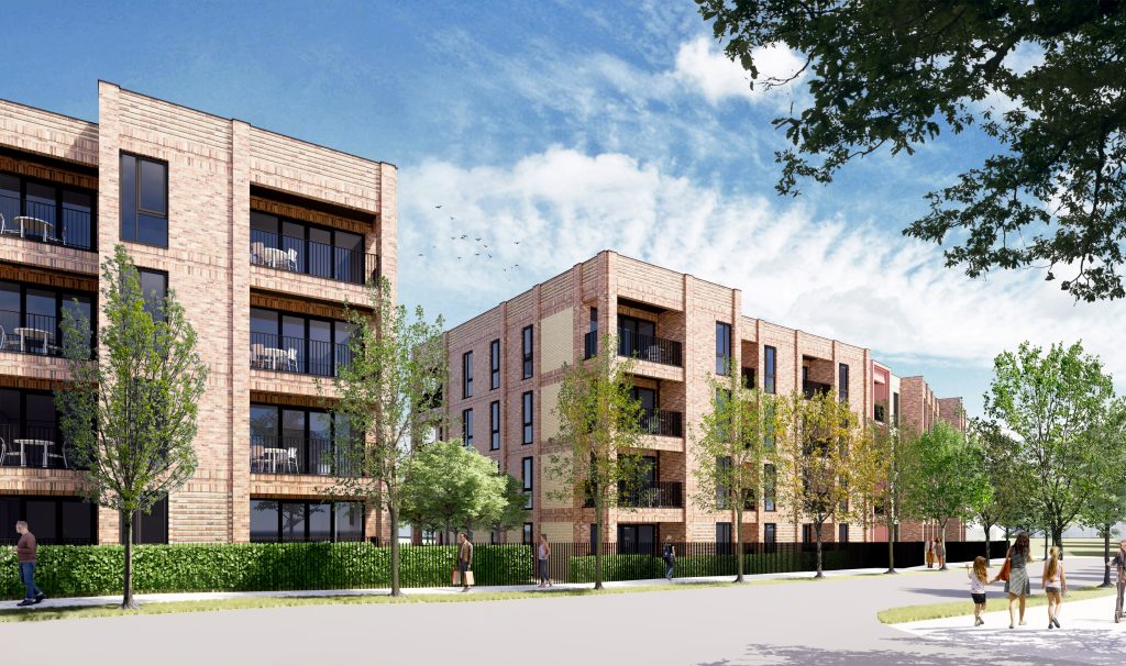 Mock up of Trafford Water appartments. Front view showing light brown building with trees outside.
