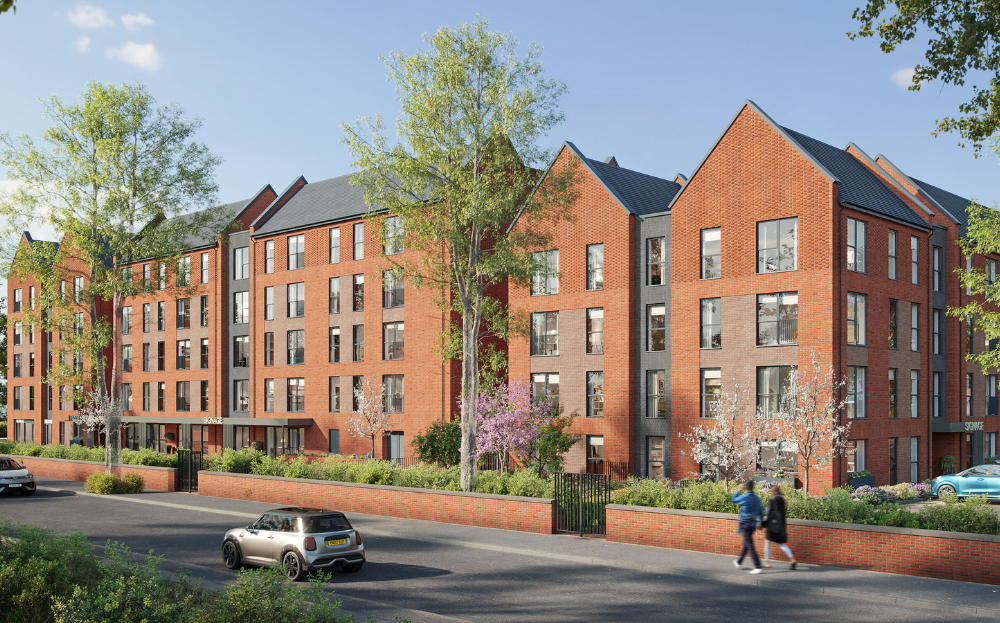 Apartment building with red bricks and grey roofing
